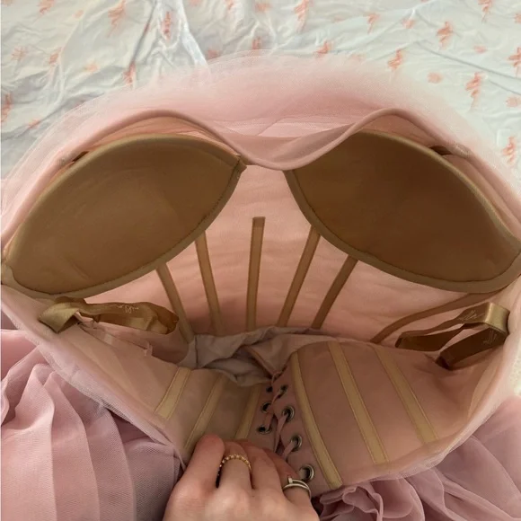 Milla Strapless Dress. Dramatically flowered tulle dress in misty pink. - Picture 6 of 13